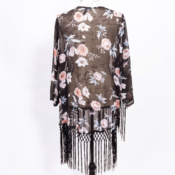 Torrid Black Floral Fringe Boho Duster Kimono - Picture 8 of 8